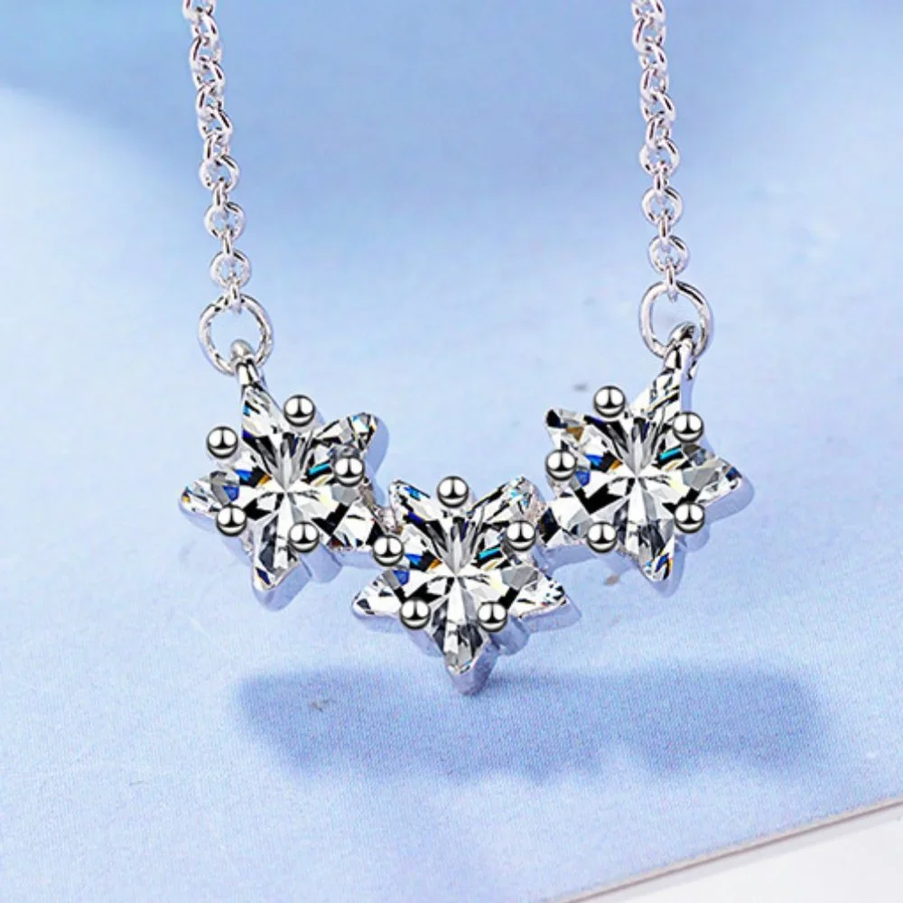 #NEW 925 Sterling Silver Diamond Triple Star Necklace